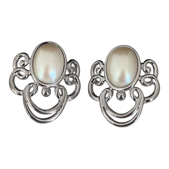 Vintage Earrings Silver Tone Simulated Pearl Pierced Retro Estate Jewelry 9J - Picture 4 of 5